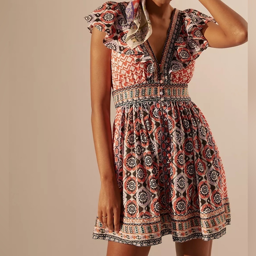 Anthropologie Beaded embroidered Bohemian Floral Print mini dress cotton 12